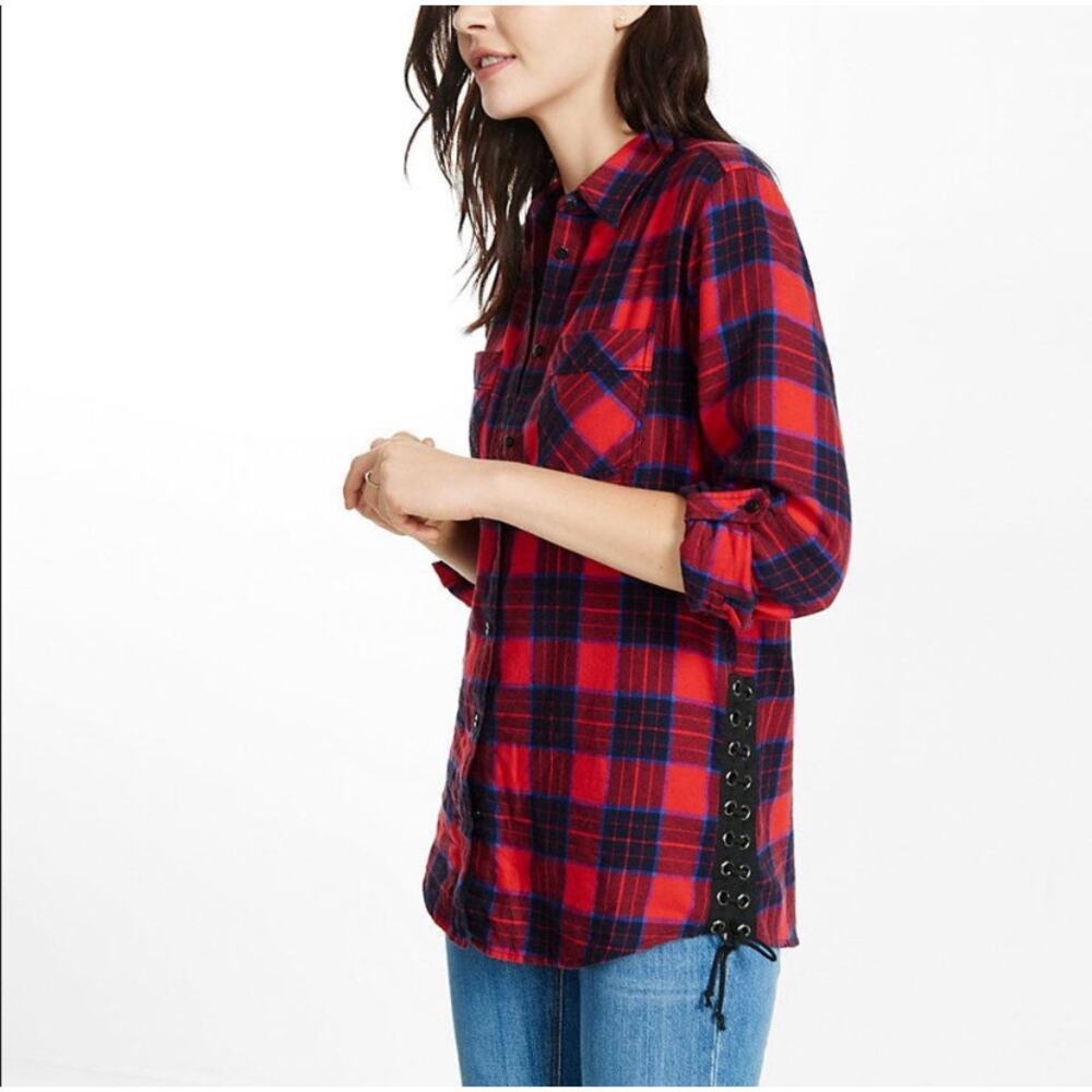 Express Womens Boyfriend Button Down Shirt Red Plaid Lace Up Sides Small